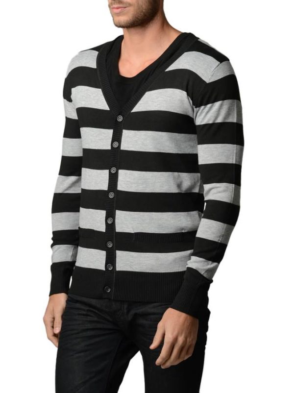 L.Grey And Black Horizontal Striped Cardigan