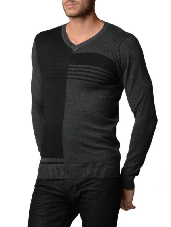 Men's Polar Black And Charcoal V Neck Sweater