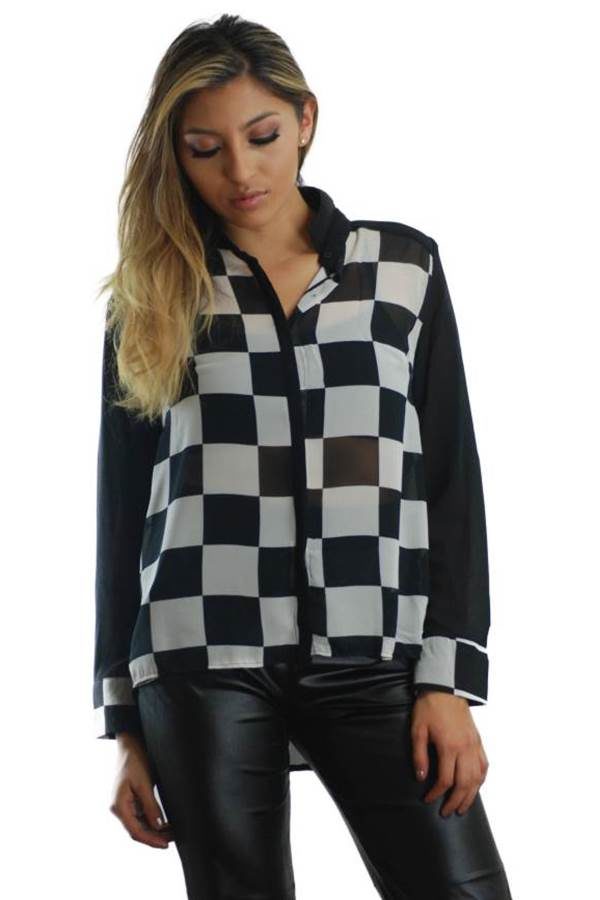 Mod Long Sleeve Checkered Chiffon Blouse