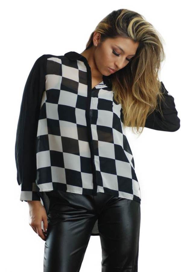 Mod Long Sleeve Checkered Chiffon Blouse