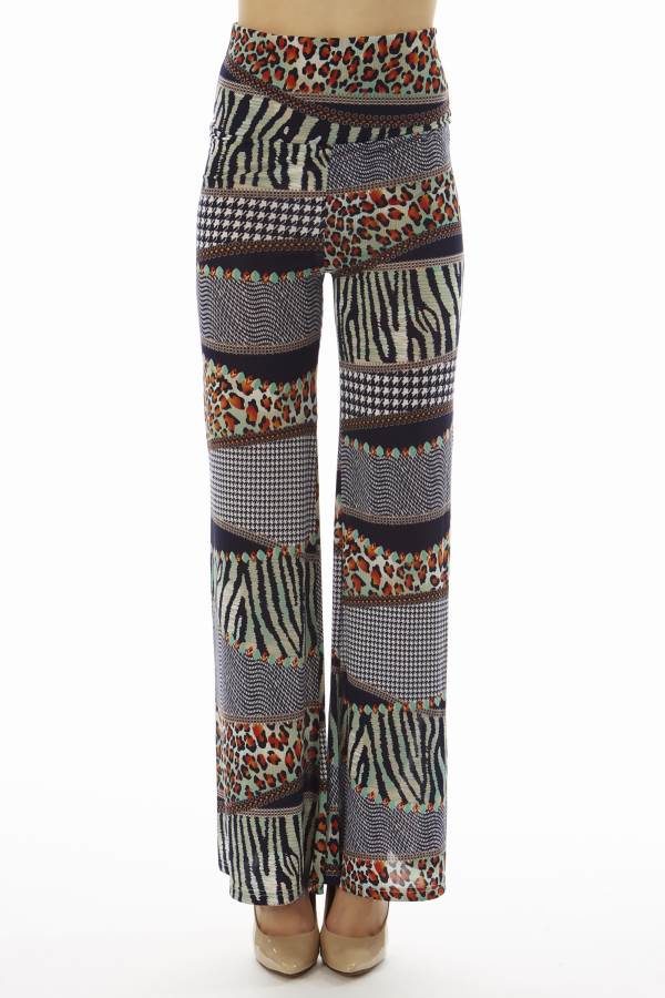 High Waist Navy Animal Skin Patch Palazzo Pants