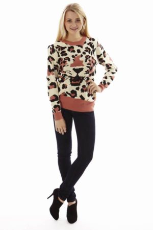 Leopard Face Salmon Pink Sweater