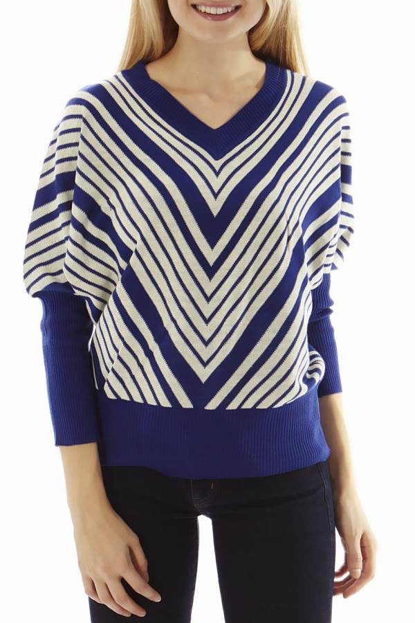 Dolman Sleeve Blue Chevron Pullover Sweater