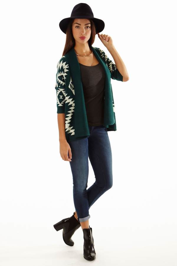 Women's Aztec Tribal Print Open Front Green Cardigan