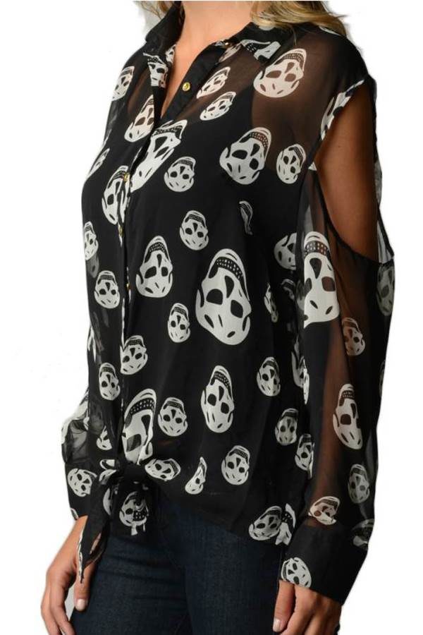 Smiling Skull Print Chiffon Shirt
