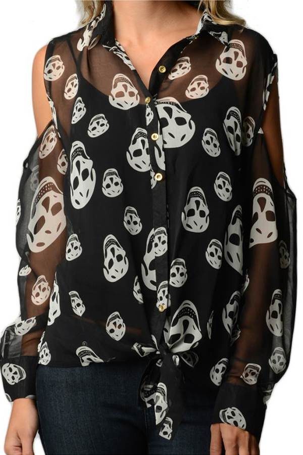 Smiling Skull Print Chiffon Shirt