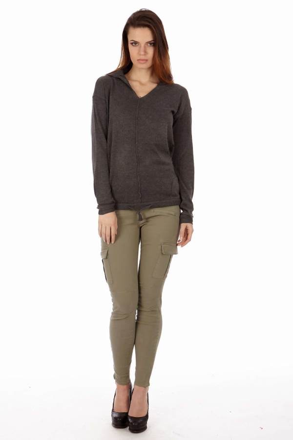 D.Grey Hoodie V-Neck Lace Sweater