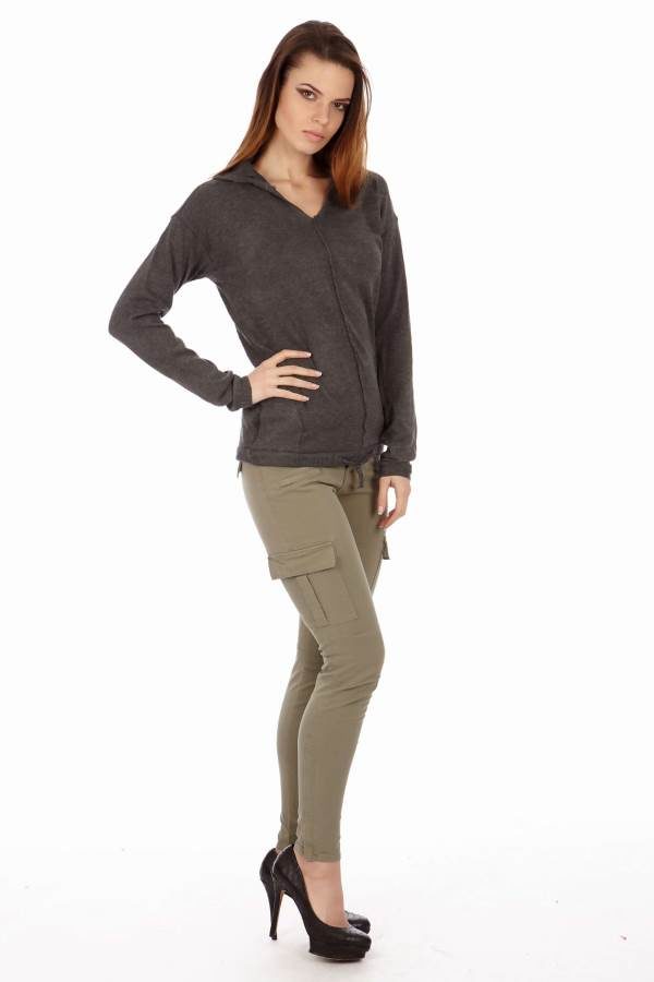 D.Grey Hoodie V-Neck Lace Sweater