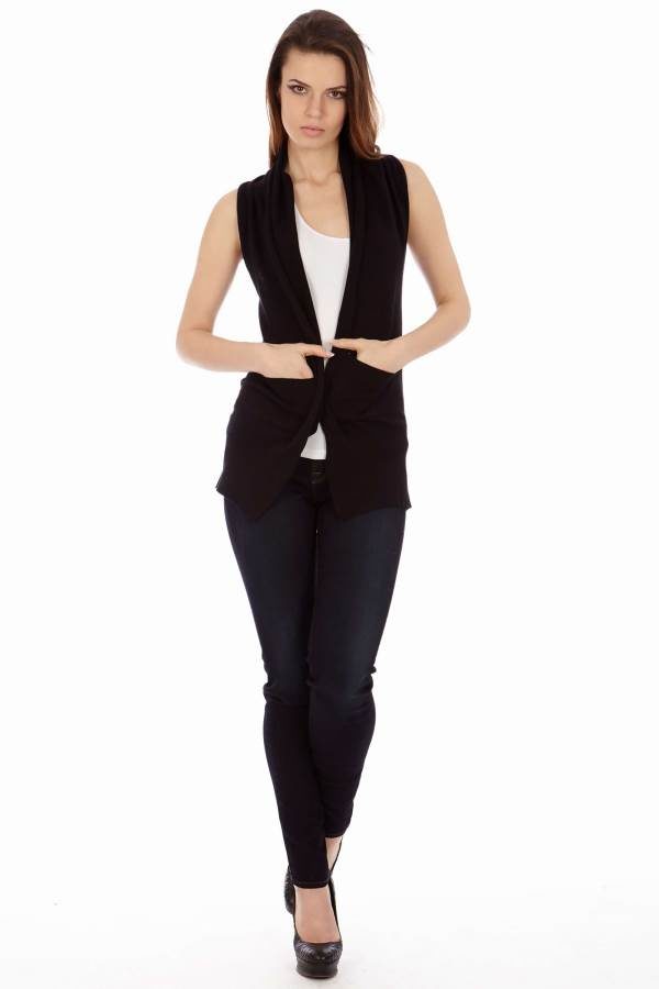 Black Sleeveless Flyway Pocket Cardigan