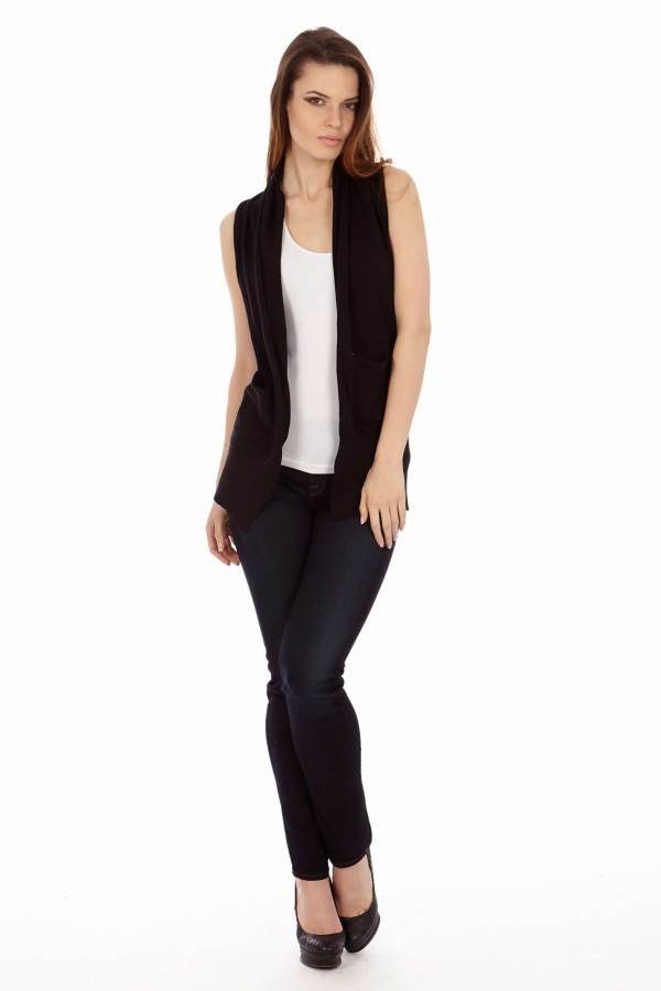 Black Sleeveless Flyway Pocket Cardigan
