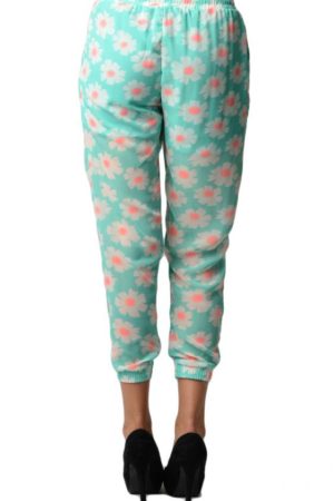 Aqua Floral Print Chiffon Harem Pants