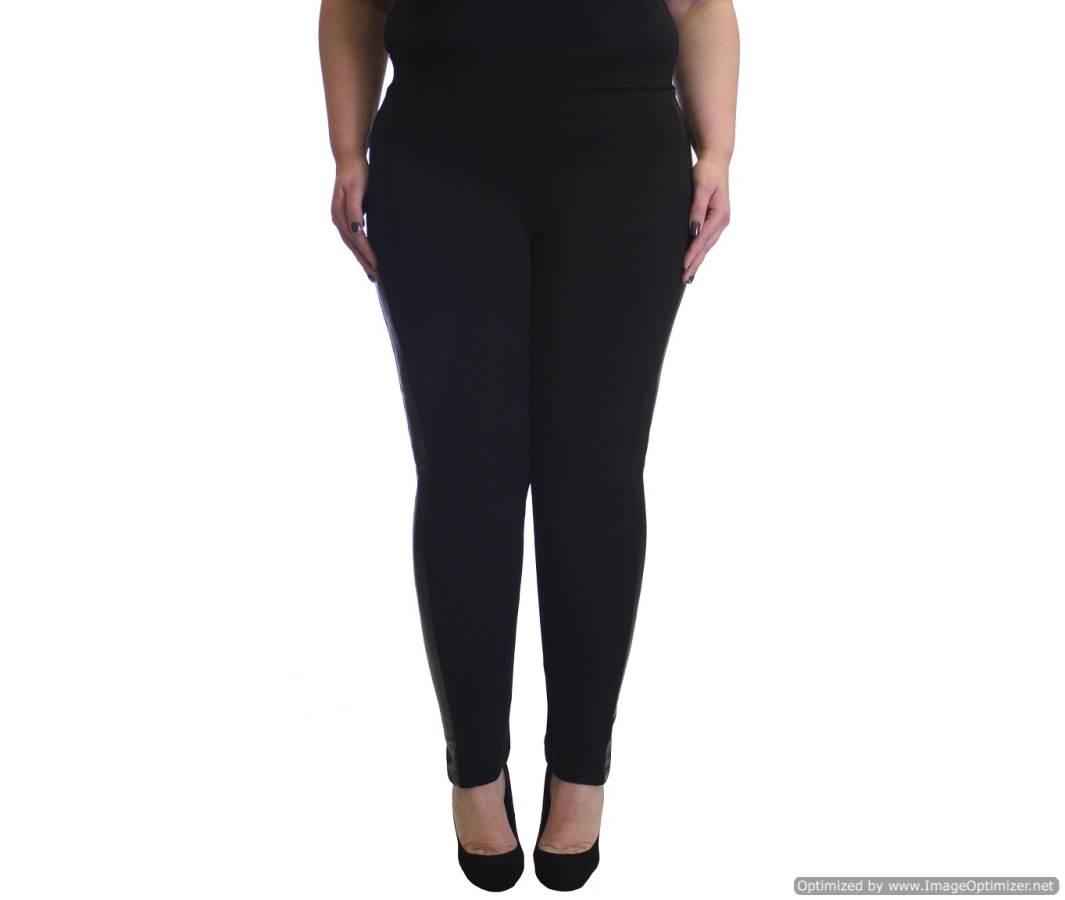 Black Leather Panel Plus Size Leggings - Fashion Outlet NYC