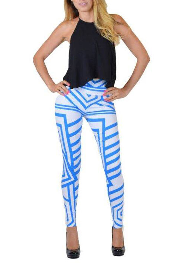 Blue And White Tribal Lines Print Jeggings