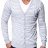 Men's Slim Fit White Stripe V Neck Grey Cardigan