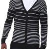 Men's Slim Fit White Striped V Neck Black Cardigan