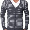 Men's Slim Fit Grey Striped V Neck Black Cardigan