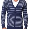 Men's Slim Fit White Striped V Neck Navy Cardigan