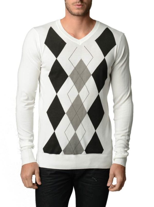 Men's V Neck Cream Argyle Sweater