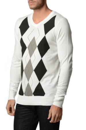 Men's V Neck Cream Argyle Sweater