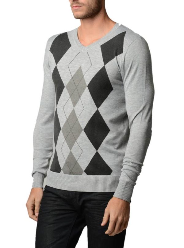 Men's V Neck L.Grey Melange Argyle Sweater