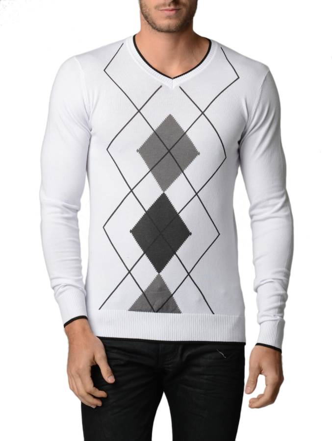 Men's White And Charcoal Grey Argyle Sweater - Fashion Outlet NYC