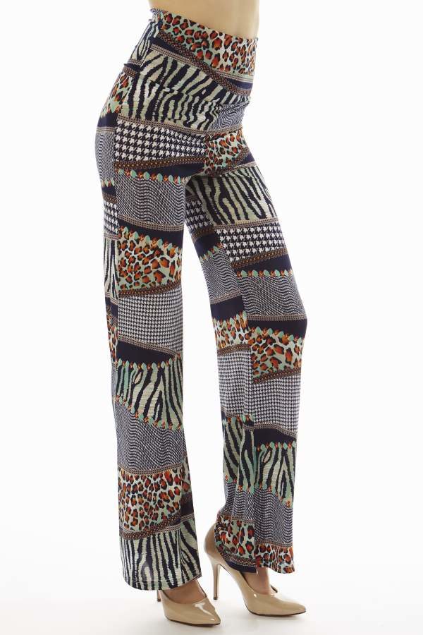 High Waist Navy Animal Skin Patch Palazzo Pants