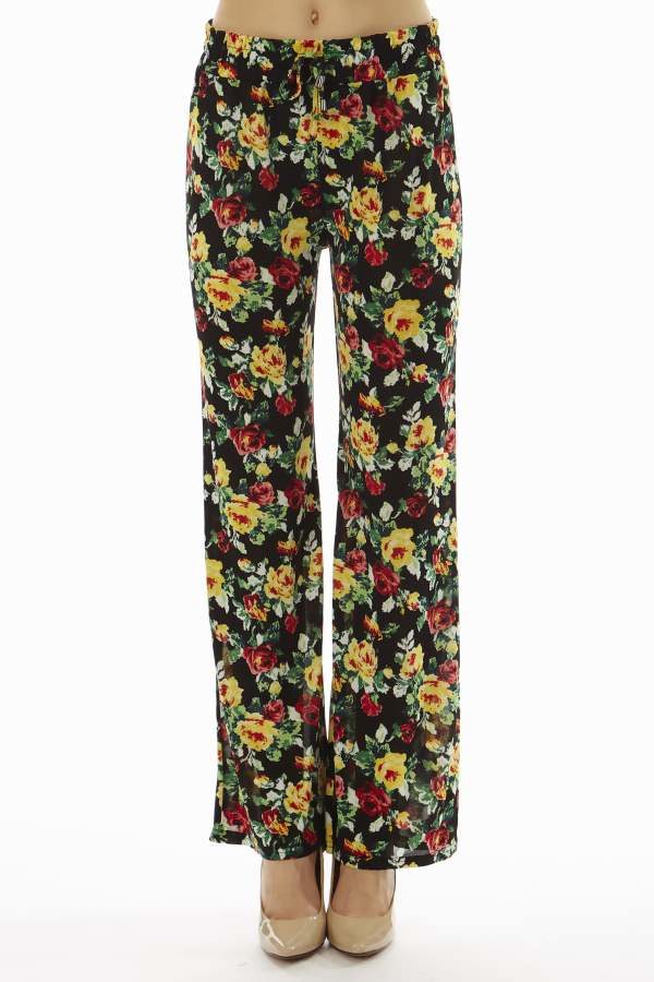 Floral Black Flare Leg Palazzo Pants