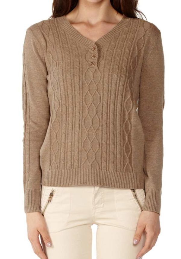 V-neck Camel Pointelle Sweater