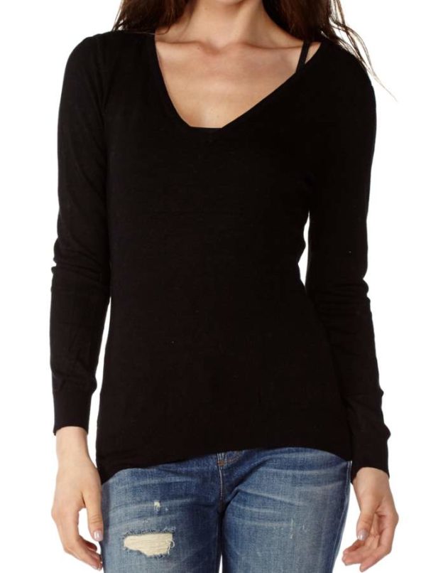 Cotton Black V-Neck Long Sleeve Top