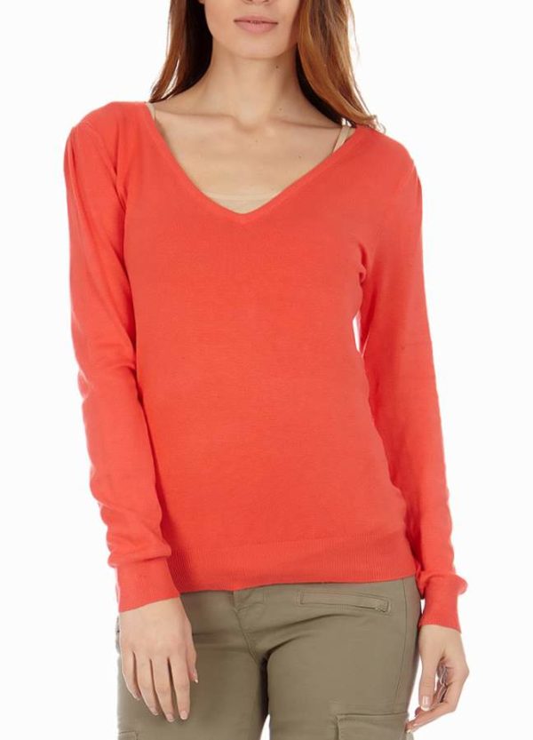 Coral Cotton V-Neck Sweater