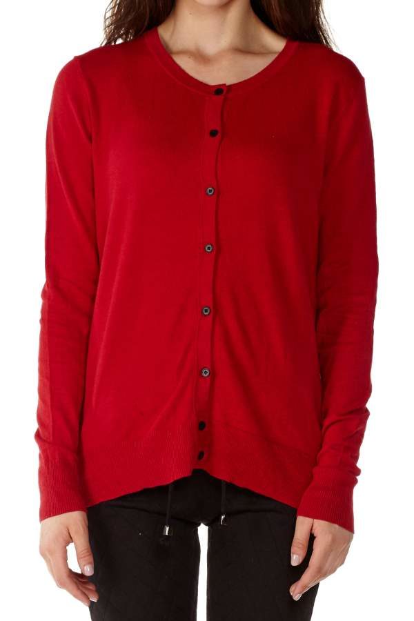 Knitted and Buttoned Red Cardigan