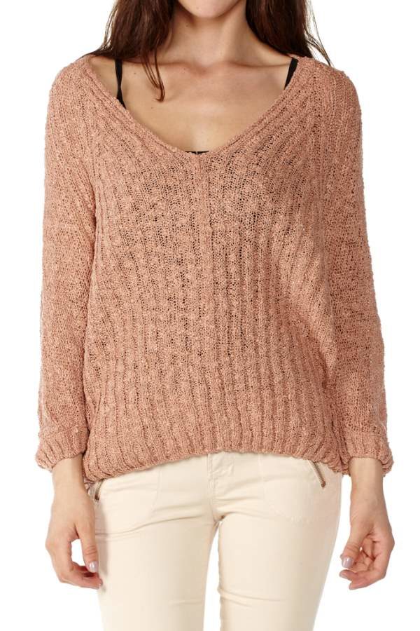 Deep V-neck Knit Peach Sweater