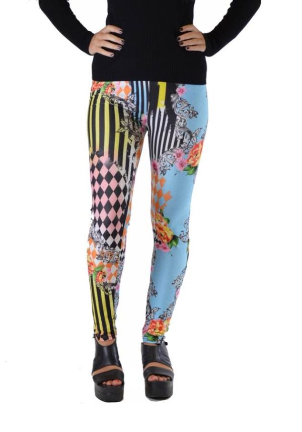 Harlequin Patch Striped Floral Leggings
